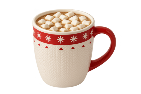 Cream-colored ceramic mug with red handle and festive red band, filled with hot chocolate and mini marshmallows