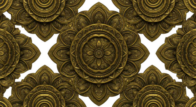 Golden Mandala Pattern: A repeating pattern of intricate golden mandala forms creating a rich texture, capturing spiritual art.
