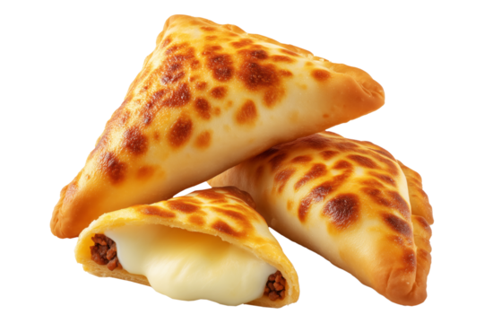Sambousek Sambusa baked empanadas filled with ground beef and melted cheese, isolated on white transparent background, concept of savory snack food