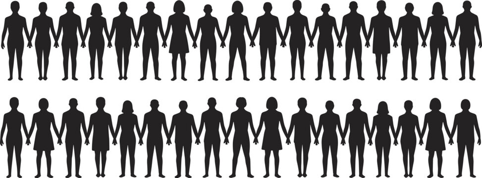 Human silhouettes holding hands in unity, diverse people figures in rows, community teamwork concept, solidarity illustration, togetherness graphic, diversity support, equality connection design - Powered by Adobe