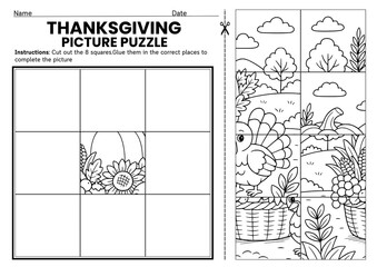 Thanksgiving cut and paste picture puzzles for kids! Includes turkeys, food, and fall themes. Perfect for fine motor skill practice, classroom crafts, and fun autumn learning activities.
