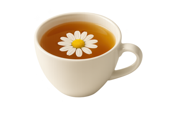 White ceramic cup of tea with floating daisy in brew