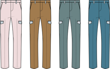 Four pairs of cargo pants displayed in a row, each in a different color and style
