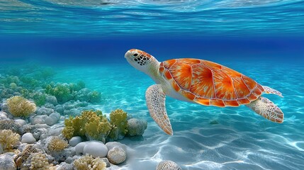 Obraz premium Vibrant Orange Sea Turtle Gliding Through Crystal Clear Turquoise Ocean Water Over A Sandy Seabed With Colorful Coral Reefs And Sunlight Filtering From The Surface