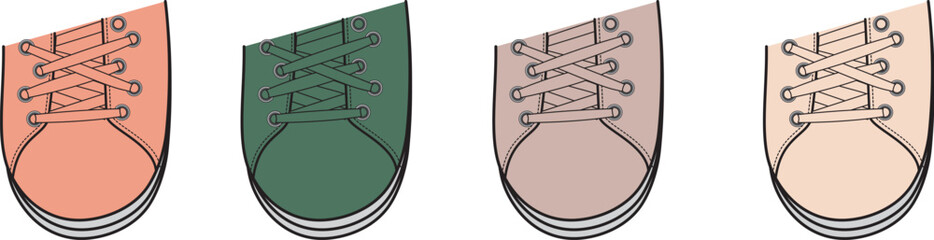 A colorful collection of casual lace-up sneakers in four different shades. Vector illustration set of modern footwear