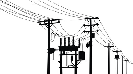 Utility pole electrical transformer infrastructure, power distribution system illustration, urban electricity grid vector, energy transmission lines artwork, industrial utility equipment drawing, 