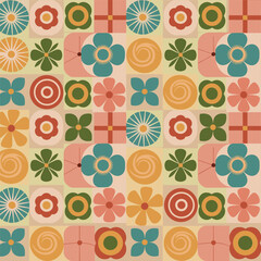 Retro Geometric Floral Pattern with Muted Earth Tones and Mid- Century Modern Style mid-century