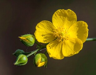 Close-up of a vibrant yellow flower with five petals, complemented by several unopened green buds against a blurred brown background