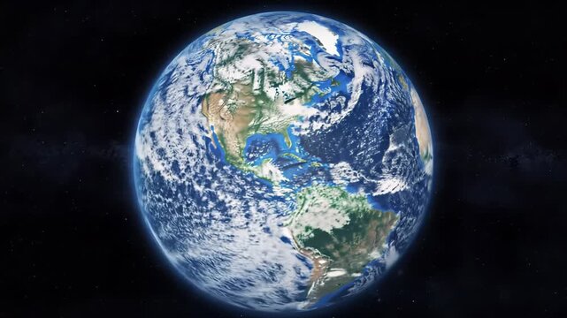 Ultra-realistic, photorealistic Earth rotating in deep space, day to night transition across continents with twinkling city lights, swirling clouds & storms. Concept of a living planet