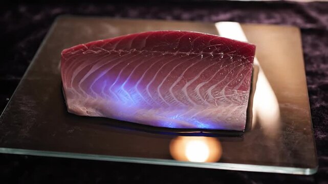 Flame searing fresh tuna steak on glass plate luxurious dark setting