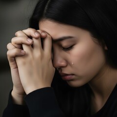 Woman in distress, praying with tears, seeking solace and comfort.