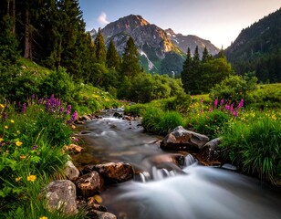 A pristine mountain scene with a flowing river in the foreground, vibrant wildflowers, and lush greenery. Sunlight bathes the landscape