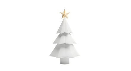 Minimal white Christmas tree with gold star on black background. Use for seasonal graphics, social media, greeting cards.