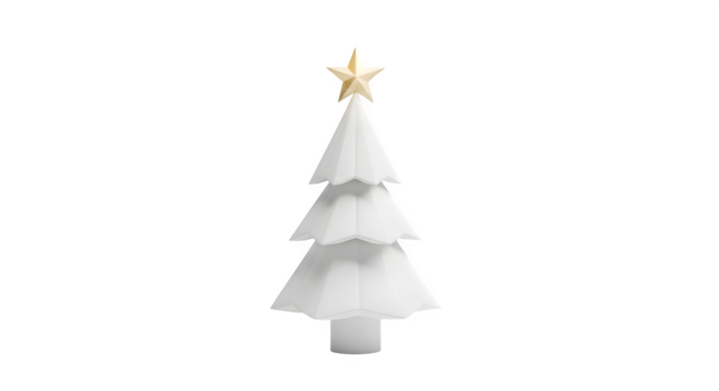 Minimal white Christmas tree with gold star on black background. Use for seasonal graphics, social media, greeting cards.