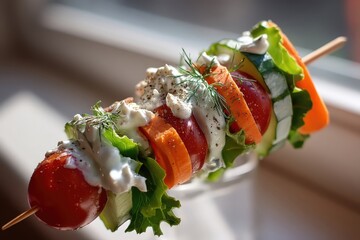 Brocheta de tomate cherry, pepino y zanahoria con salsa de yogur y eneldo.
