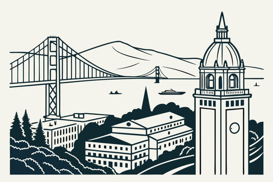 &ldquo;Berkeley California with campus and bay view, minimalist vector&rdquo;