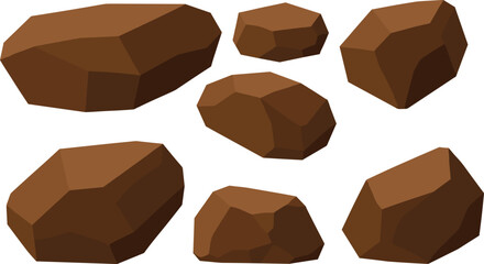 Low poly brown rocks, 3D stone models, stylized geometry, game asset, digital environment, angular shapes, simulation, modeling, texture, design