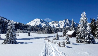 A pristine snow-covered landscape of a winter wonderland under a bright blue sky. A trail leads to a small cabin near forested areas and majestic mountains