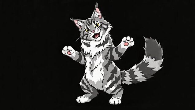 Playful Maine Coon Cat Standing on Hind Legs with Paws Raised on Black Background.