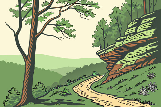 &ldquo;Daniel Boone Forest with cliffs and forest trail, rustic vector&rdquo;