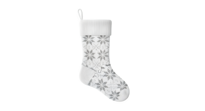 White textured stocking with silver snowflakes glows, perfect for Christmas themes, product staging, and holiday posters.