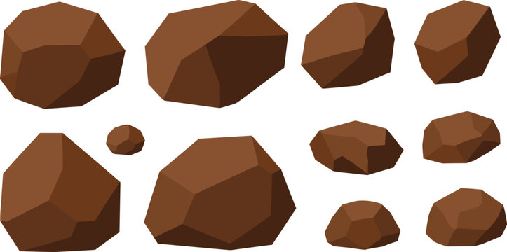 Low poly rock collection, brown 3D stones, game asset, stylized geology, angular shapes, digital environment, simulation, modeling, texture