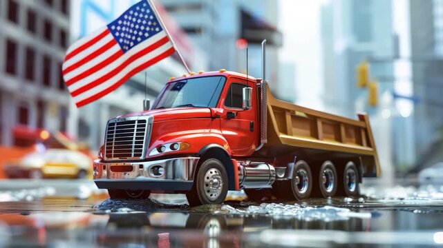 Video A red dump truck decorated with an American flag, suitable for patriotic events or Fourth of July celebrations