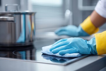 Manos enguantadas limpiando una placa de cocina de inducci&oacute;n.