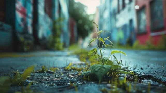 Video A plant growing out of the ground in the middle of a street, highlighting urban nature and adaptability
