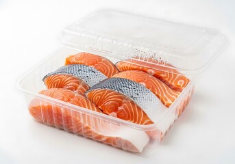 Fresh Salmon Slices in Plastic Container.