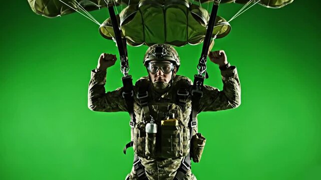 Military Paratrooper With Parachute On Green Screen Chroma Key