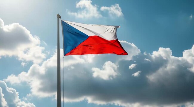 Czech Republic National Flag Waving on Tall Flagpole in Sky with Clouds – Czechia Independence Day Celebration, Patriotism, Freedom, Czech Republic Culture & Heritage