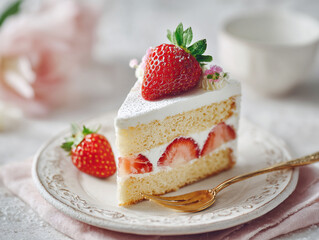 Slice of Strawberry Shortcake on Ceramic Plate, Elegant Pastel Dessert Photography