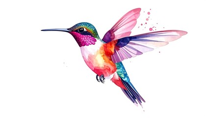 Vivid watercolor depiction of a tiny hummingbird in mid-flight, splashes of color