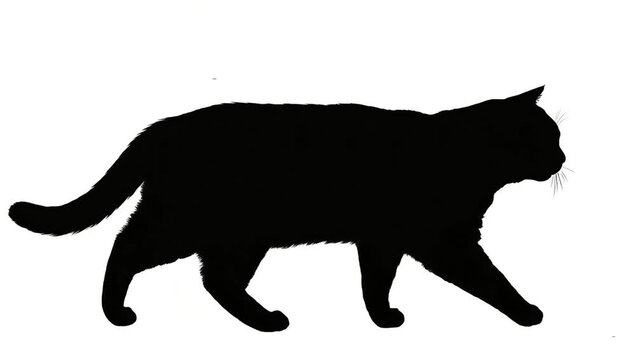 Silhouette of a black cat walking gracefully on a white background.