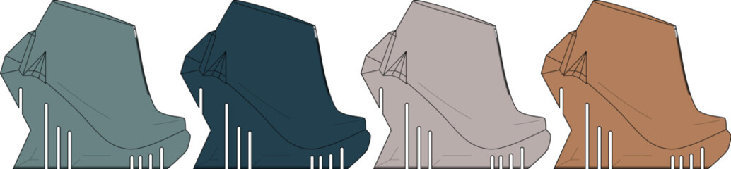 Creative vector illustration of contemporary women's footwear. A collection of fashionable high wedge ankle boots shown in four stylish color palettes