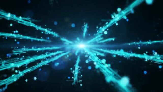Glowing turquoise, azure, cyan data lines rapidly converge towards a central white-blue light in a black void, with lens flares and bokeh. Futuristic network connectivity concept