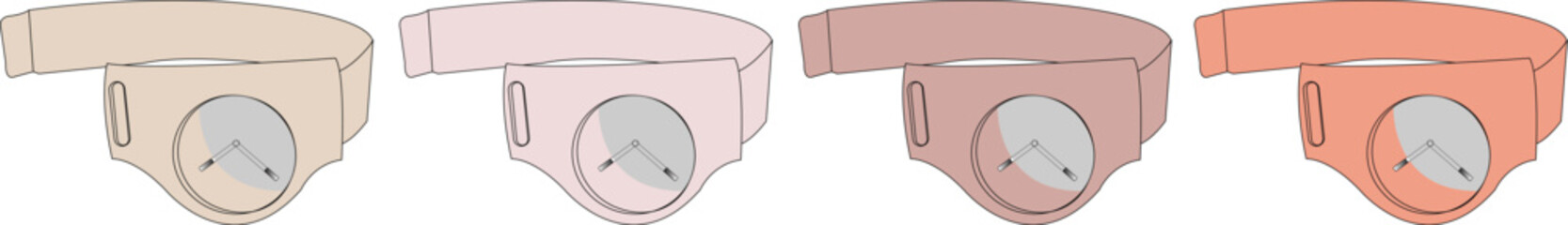 A selection of muted tone color variations of a single whistle object displayed in a horizontal composition, symbolizing diverse options and palettes