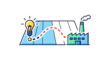 Advanced Industrial Roadmap from Innovation Lightbulb to Manufacturing Factory with Milestone Path Illustration