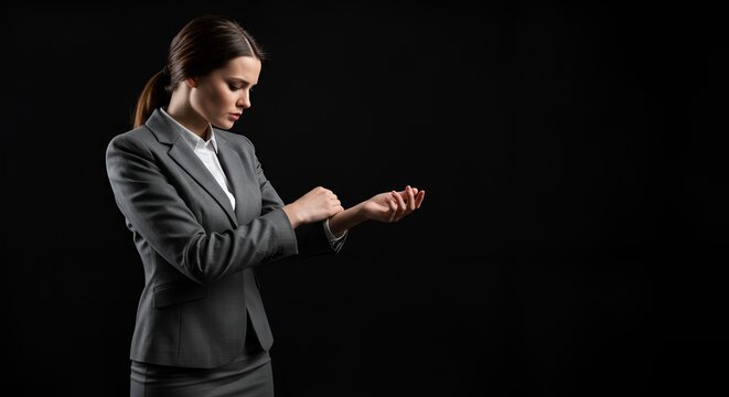 A stylish businesswoman adjusting her cuff links, posing elegantly against a stark, dark background.