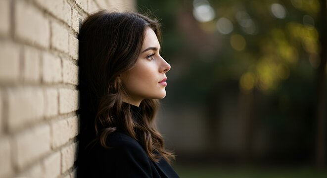 Pensive young woman in black suit leans against a brick wall in soft, natural outdoor light.