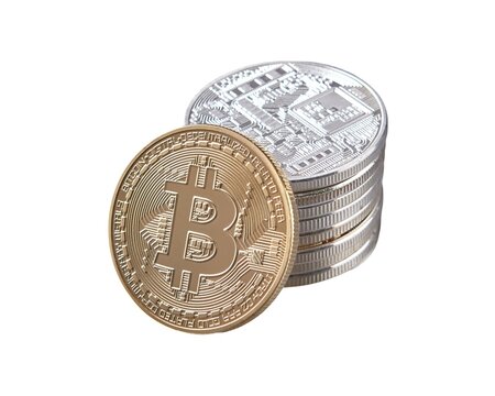Bitcoin coins isolated Digital currency. Cryptocurrency. White background
