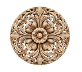 Ornate, light-beige wood medallion