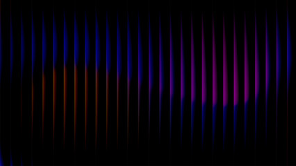 Ultrawide tapered neon glass bars on black, wavy violet‑blue gradient stripes with soft glow — abstract tech banner 