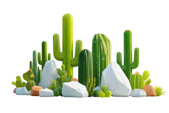 Desert cacti and rocks, 3D illustration - Powered by Adobe