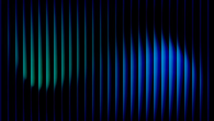 Cobalt blue and teal wavy reeded glass stripes on black &mdash; vertical gradient light bars, ultrawide abstract banner background