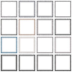 Sixteen stylized postage-stamp-like squares with varying colors and borders