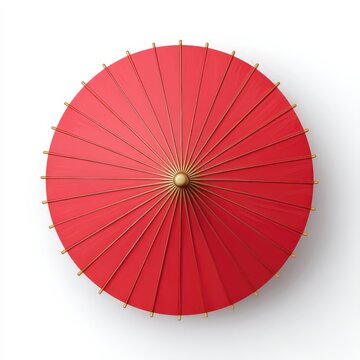 Una vista cenital de un abanico japon&eacute;s rojo intenso sobre un fondo blanco.