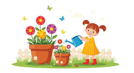 Naklejka premium A joyful little girl waters potted flowers in a beautiful garden scene, complete with a fence and fluttering butterflies.