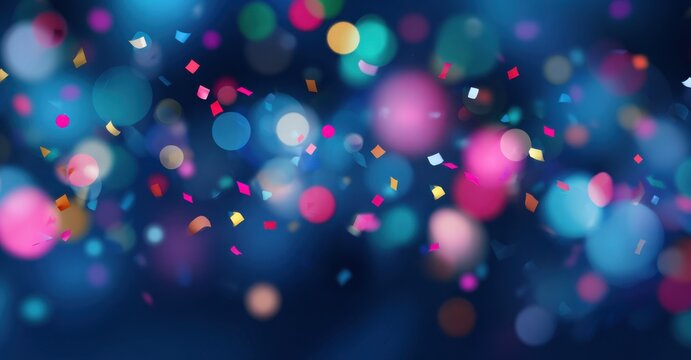 Colorful confetti celebration with pink, purple, blue and gold colors floating in air creating dreamy party atmosphere with sparkling bokeh lights for wedding or festival events.